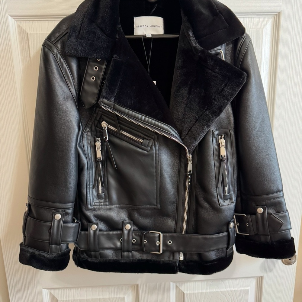 NWT REBECCA MINKOFF Black Faux Leather Oversized Shearling Moto Jacket - Picture 3 of 5